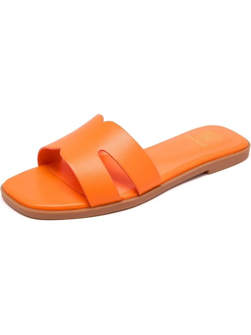 Women's Orange Flat Comfortable Slides Fashion Square Open Toe Slip Beach Sandal